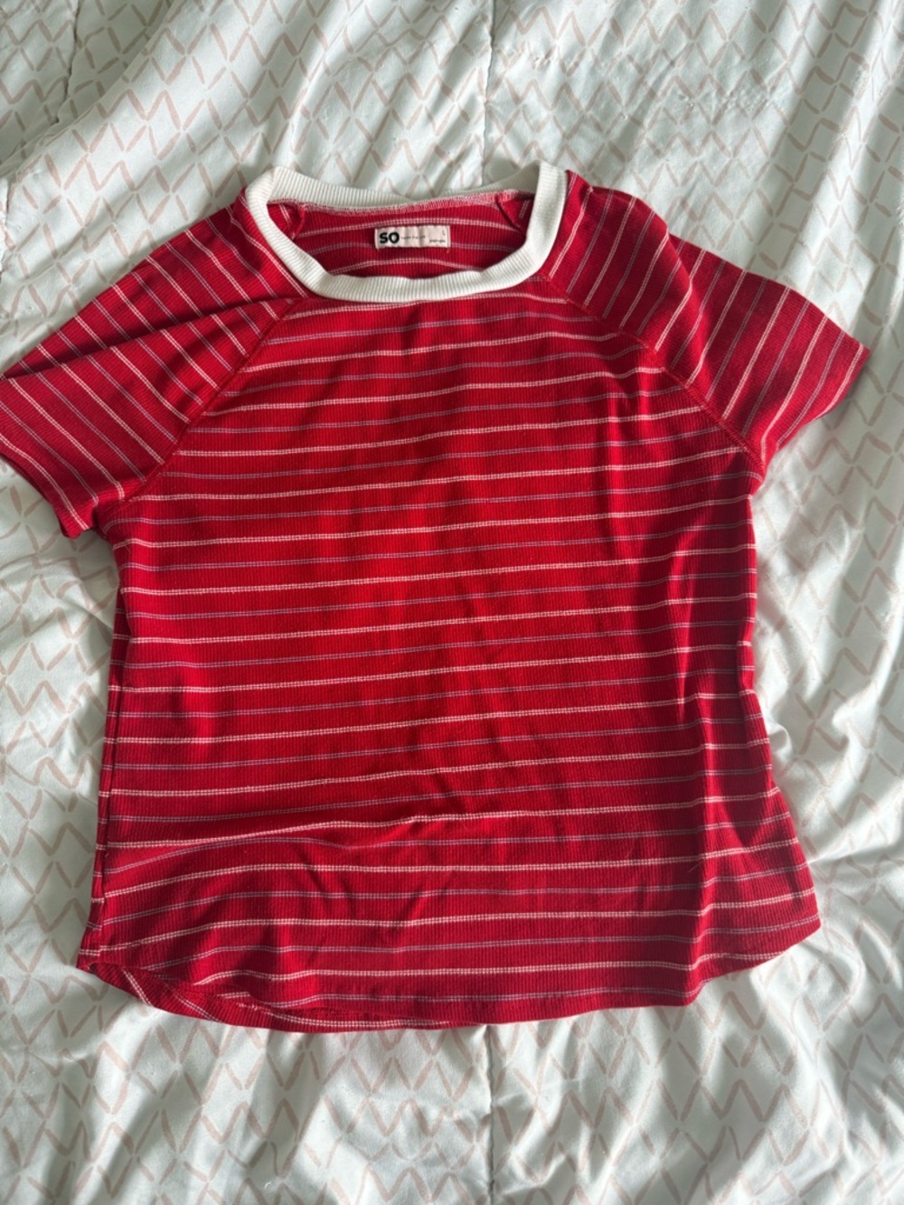 SO Red Striped Ribbed Tee with White Crew Neck